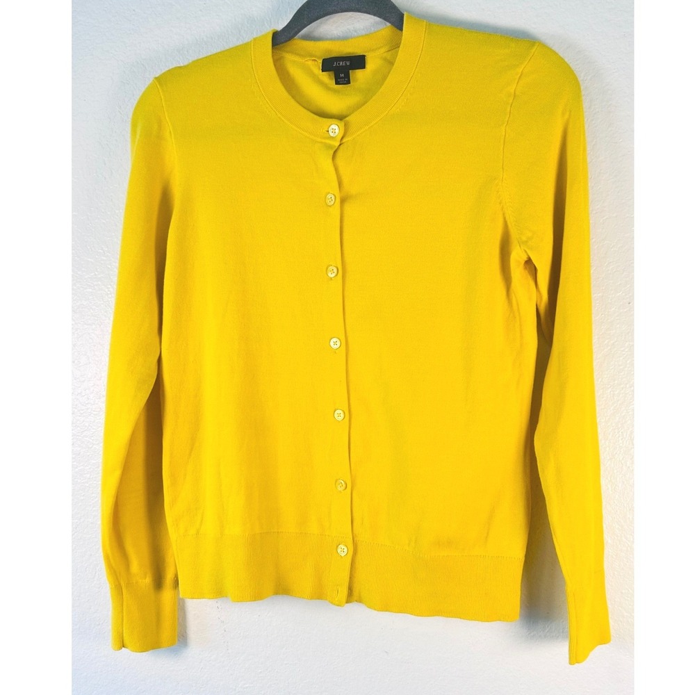 J.Crew Dopamine Yellow Cotton Blend Button Front Crewneck Cardigan Sweater SZ M